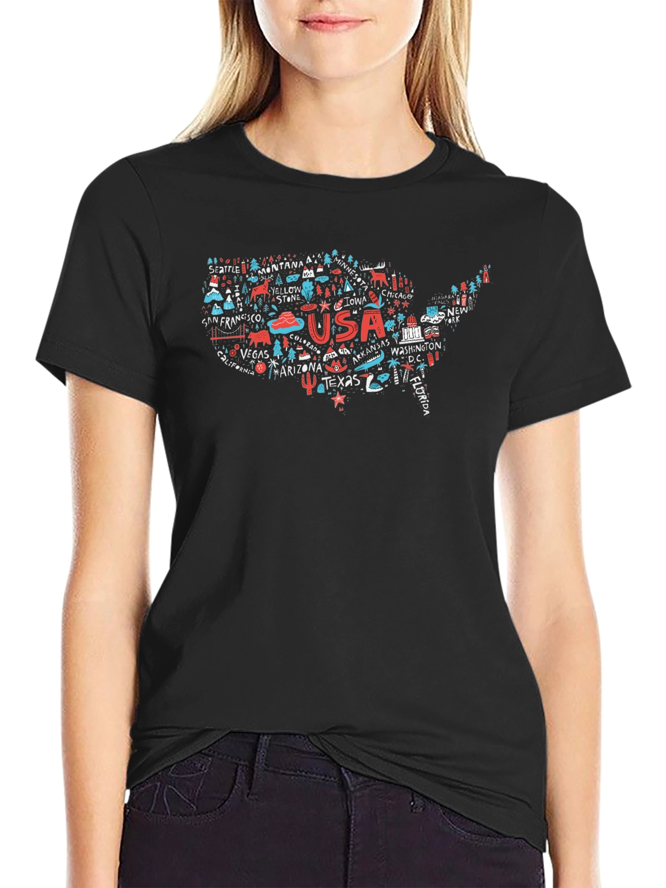 USA Travel Map T-Shirt - Landmarks & Cities