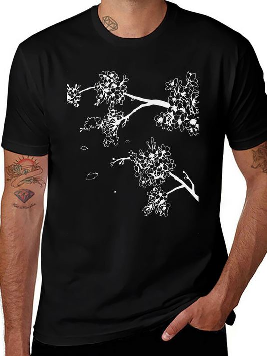 Black T-Shirt with White Cherry Blossom Branch Design