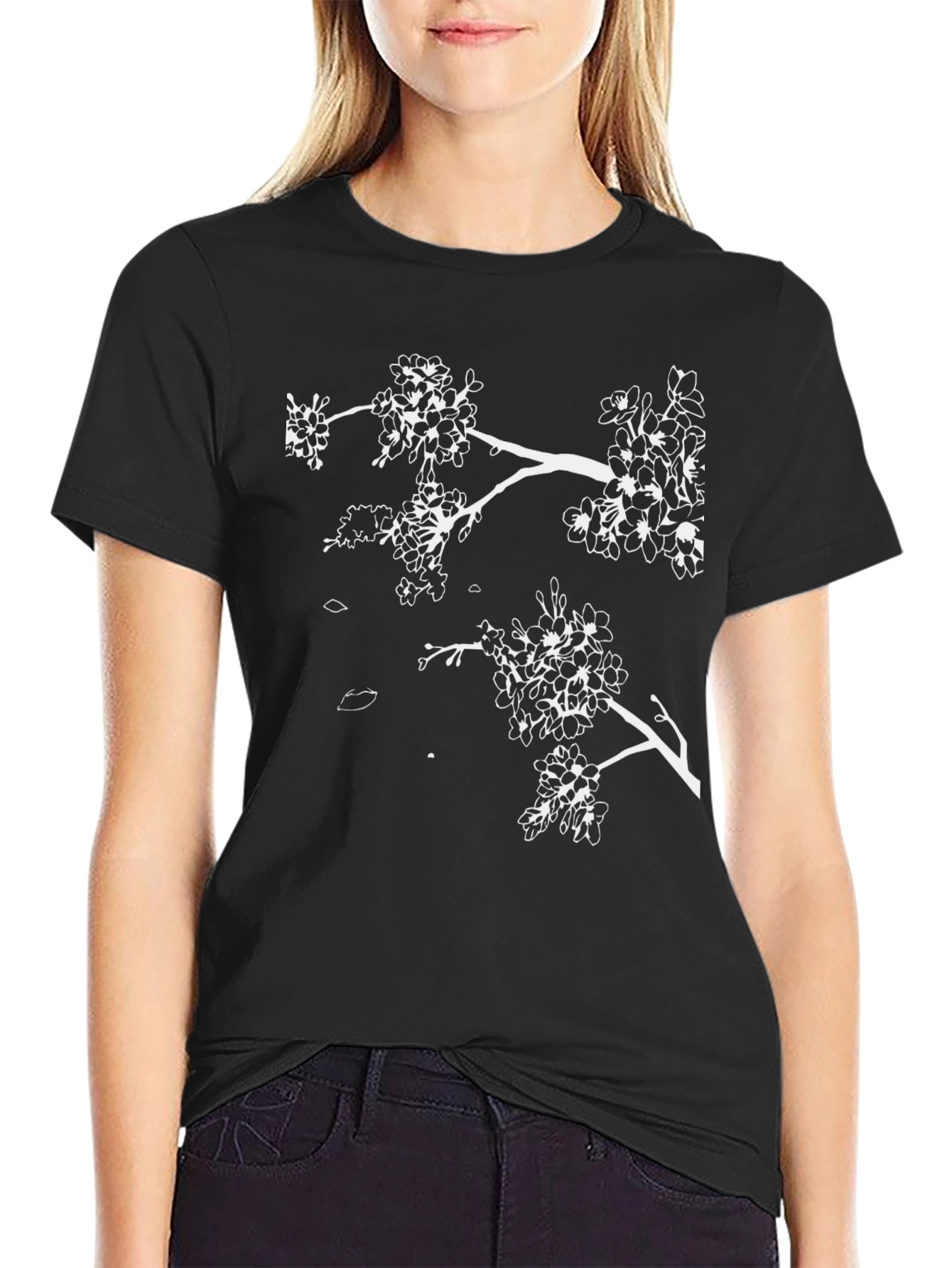 Black T-Shirt with White Cherry Blossom Branch Design