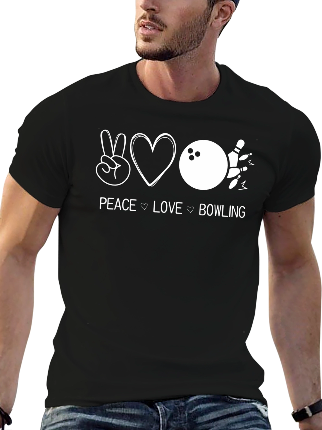 Peace Love Bowling Black Graphic T-Shirt