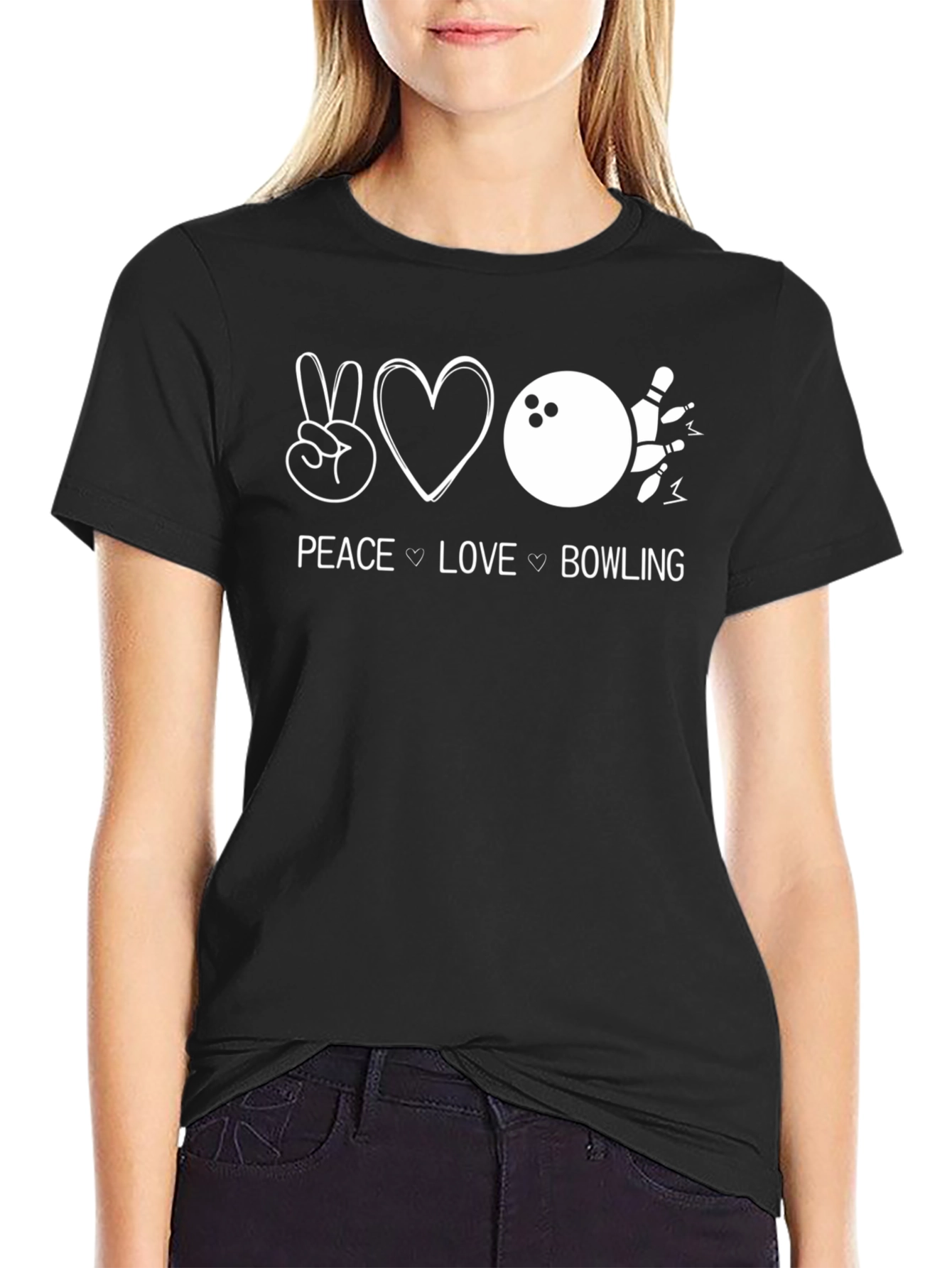 Peace Love Bowling Black Graphic T-Shirt