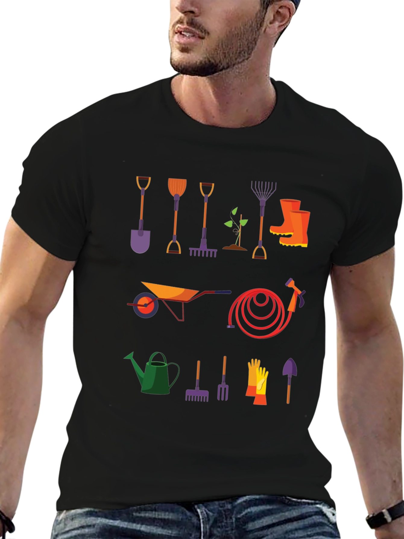 Gardening Tools Graphic Tee - Black Cotton T-Shirt
