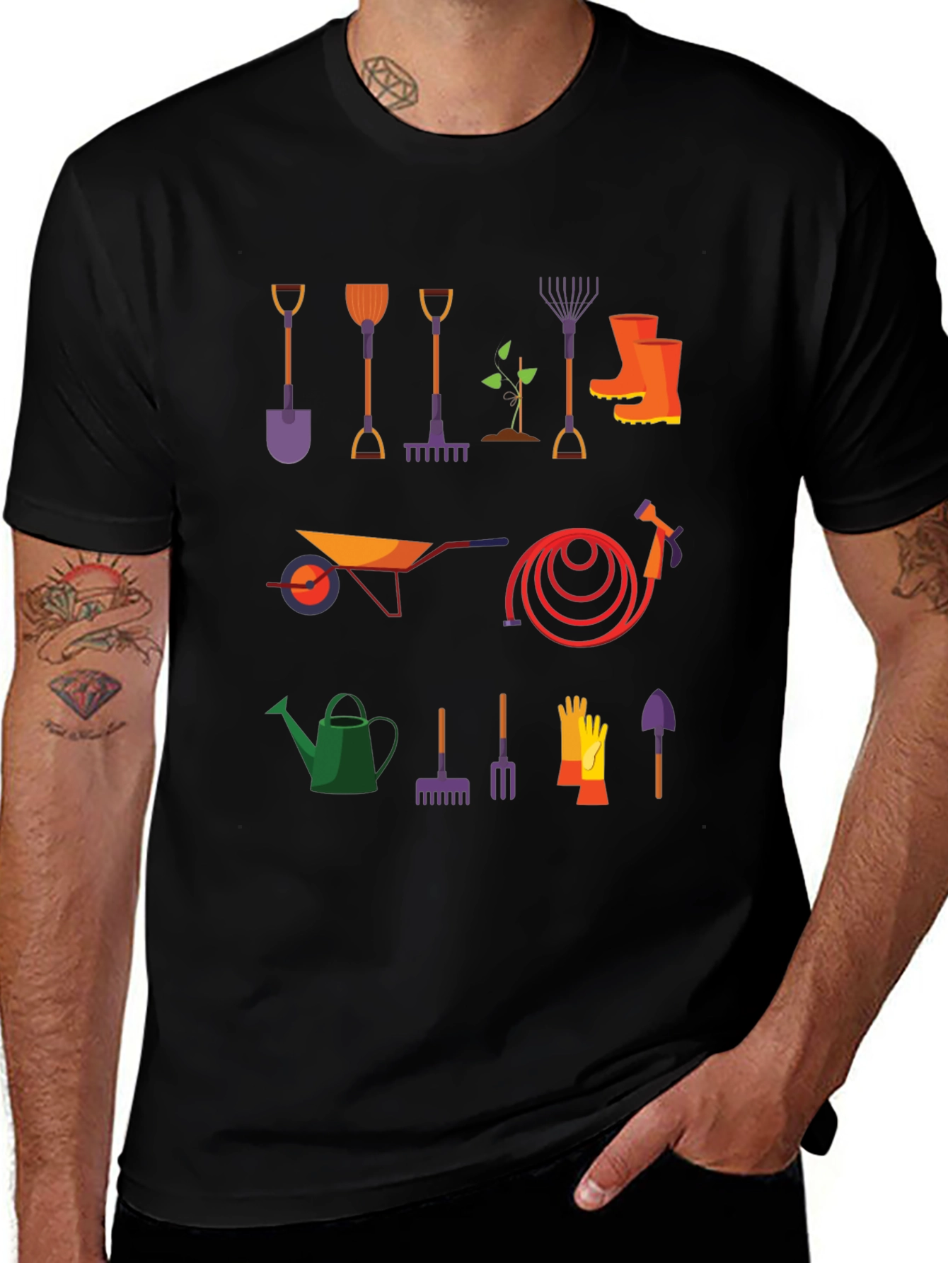 Gardening Tools Graphic Tee - Black Cotton T-Shirt