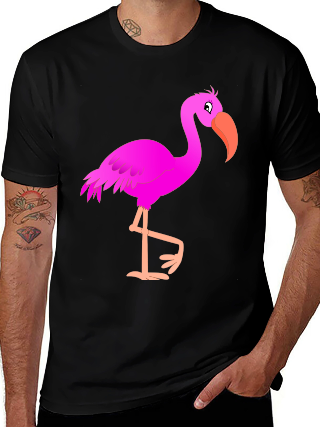 Mens Black T-Shirt with Fun Pink Flamingo Graphic
