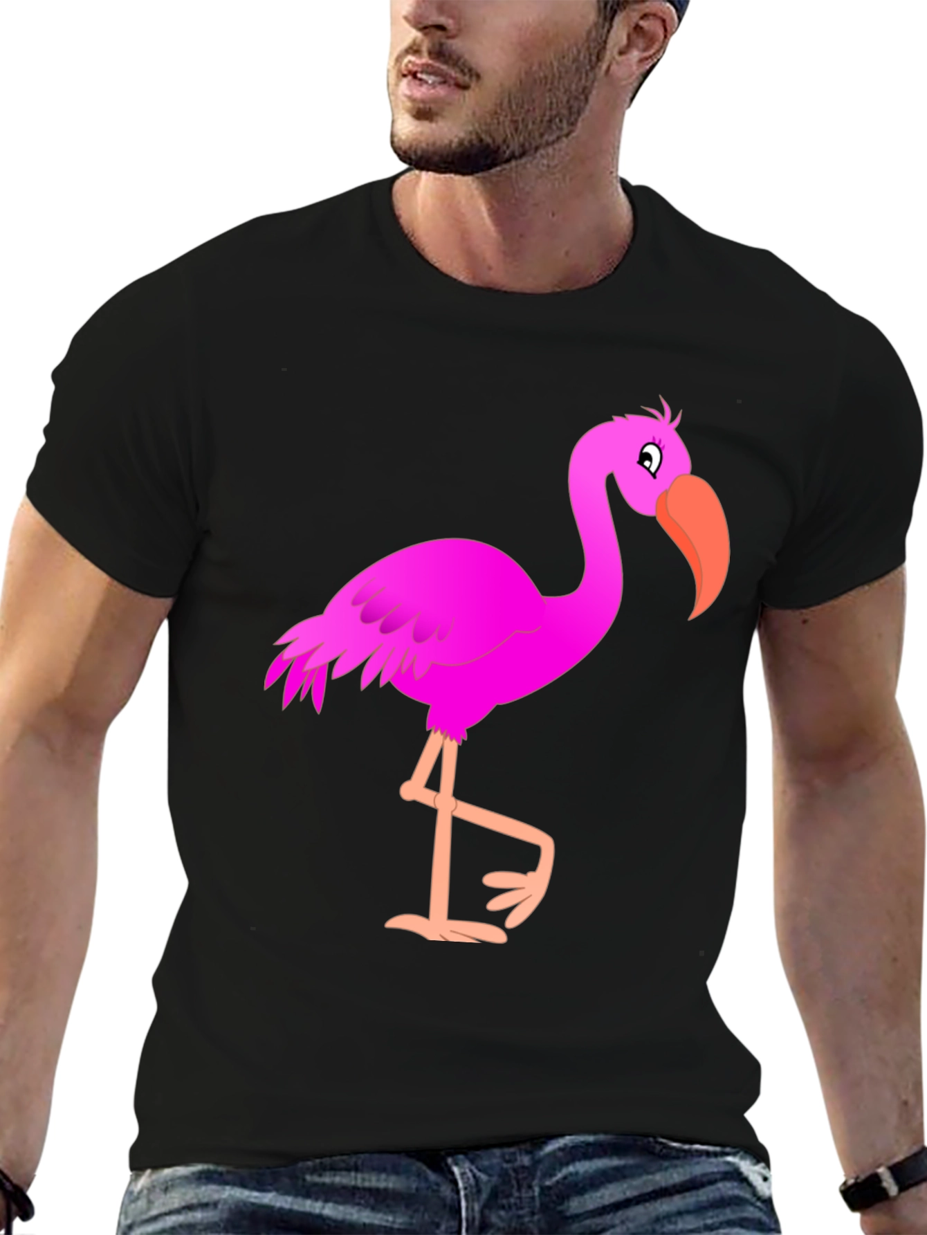 Mens Black T-Shirt with Fun Pink Flamingo Graphic