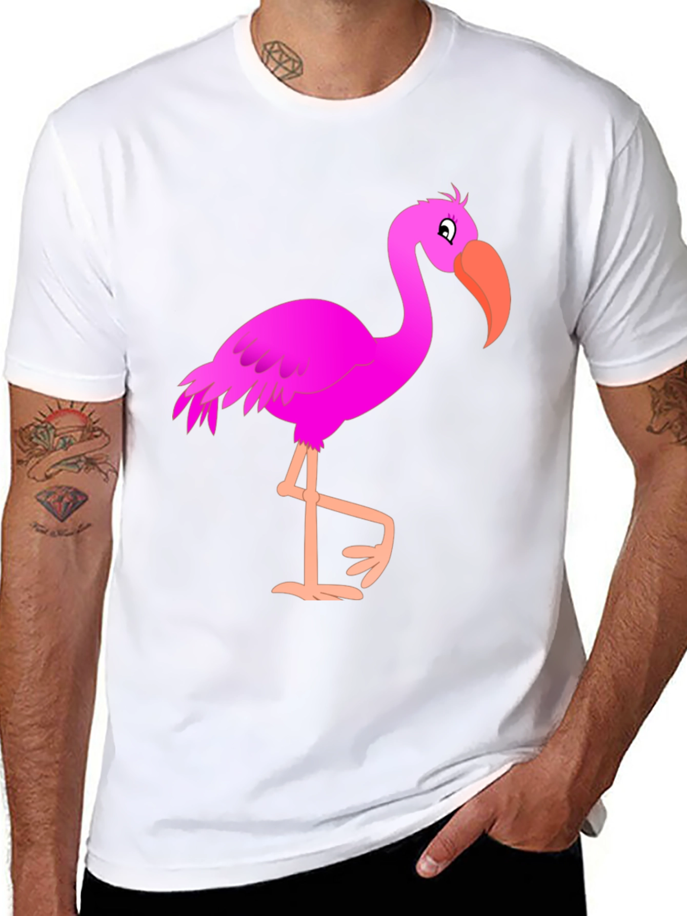 Mens Black T-Shirt with Fun Pink Flamingo Graphic