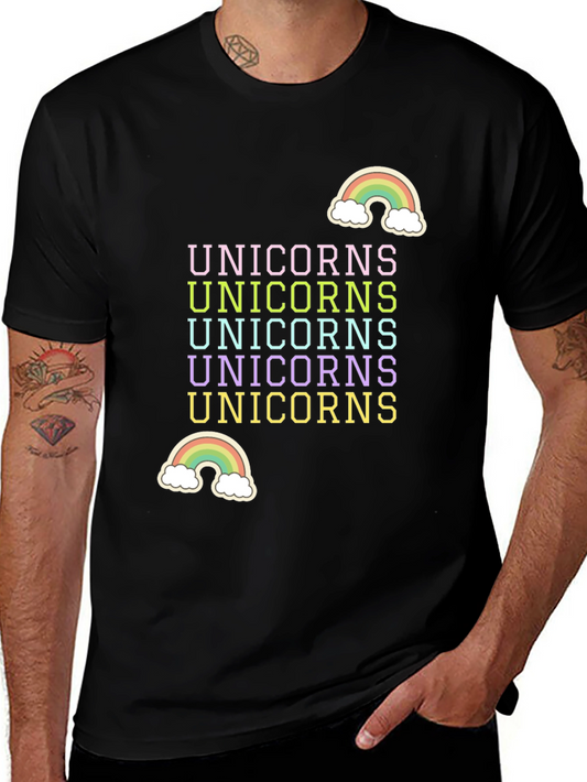 Unicorns Rainbow Graphic Tee - Black Cotton Casual Shirt