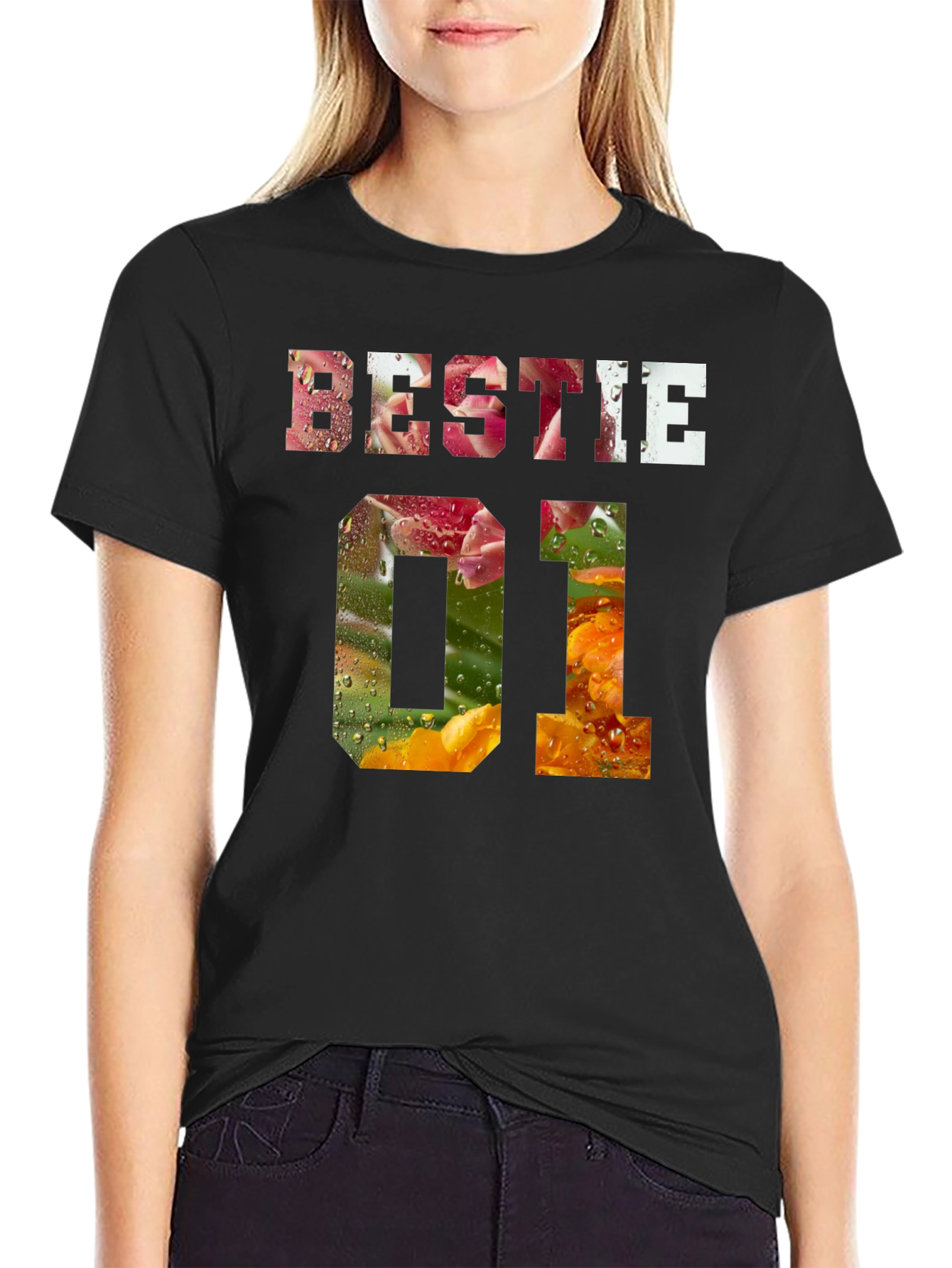 Bestie 01 Floral Print Black T-Shirt