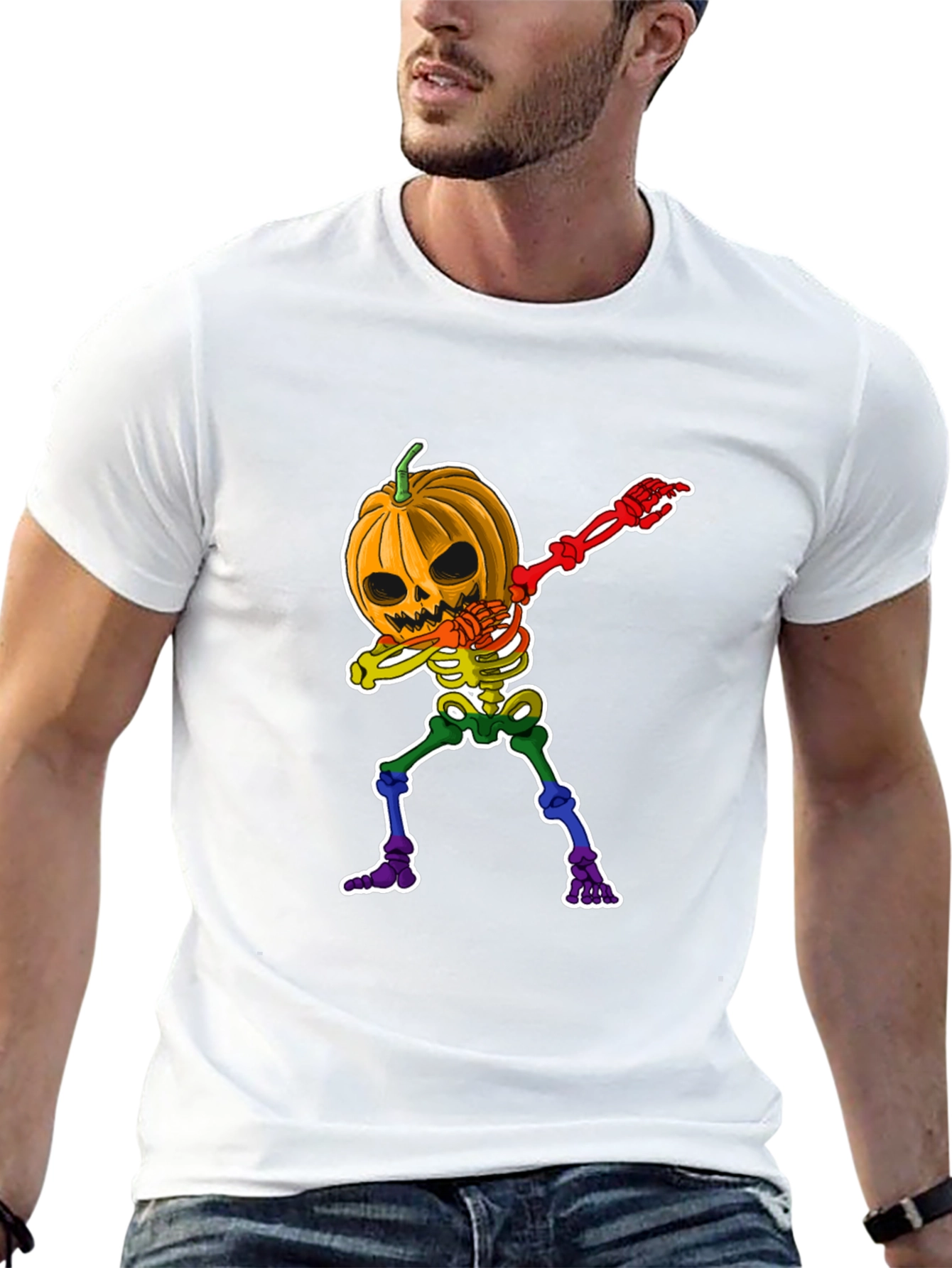 Dabbing Pumpkin Skeleton Halloween Graphic Tee