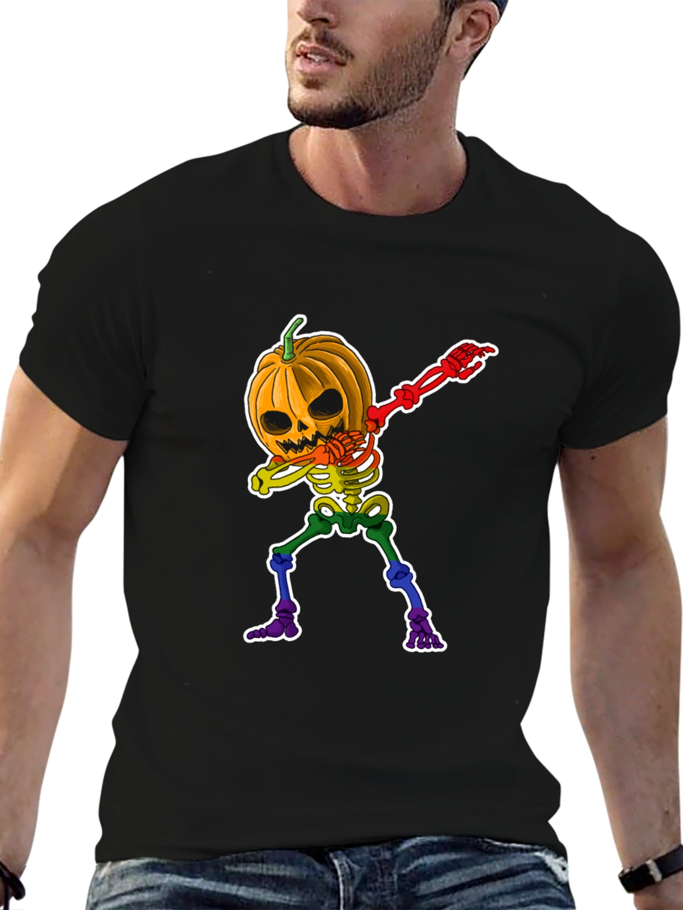 Dabbing Pumpkin Skeleton Halloween Graphic Tee