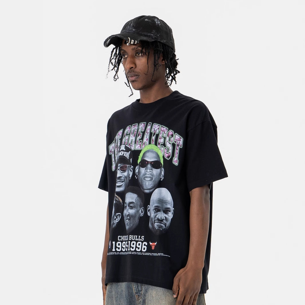 Short Sleeve Loose T-Shirt with Portrait and Letter Print