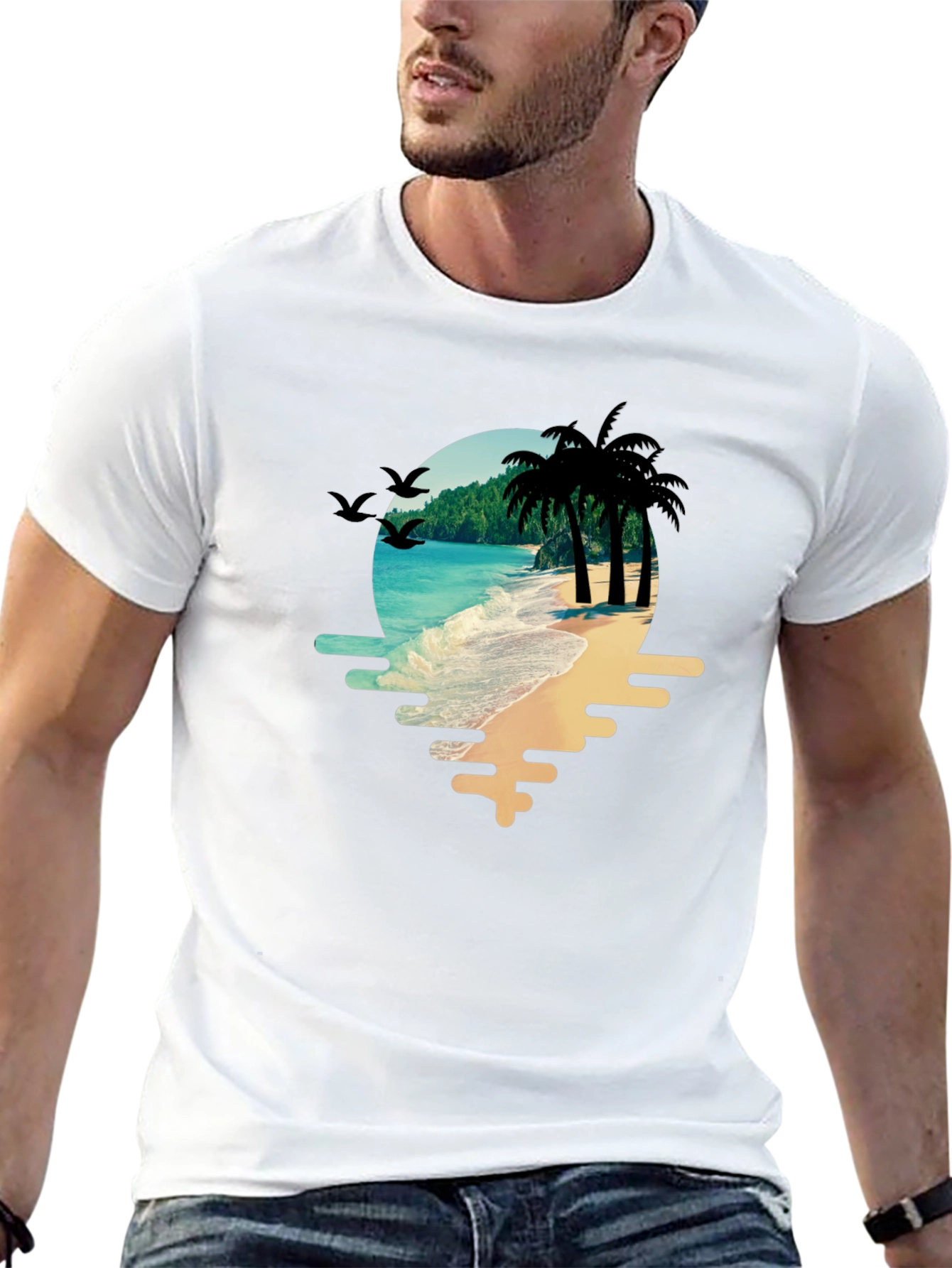 Tropical Beach T-Shirt: Palm Trees & Ocean View