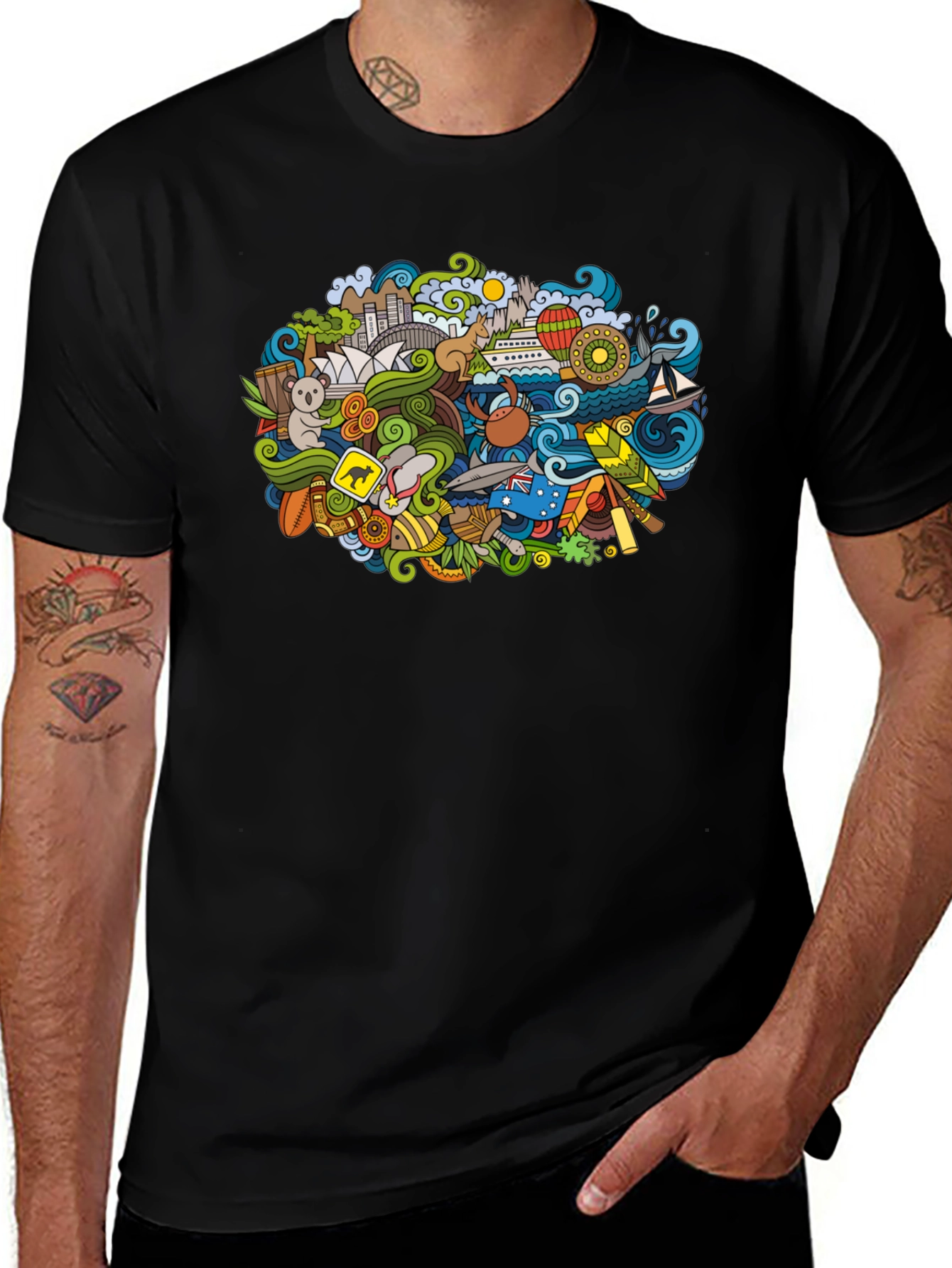 Australia Doodle Art Black T-Shirt