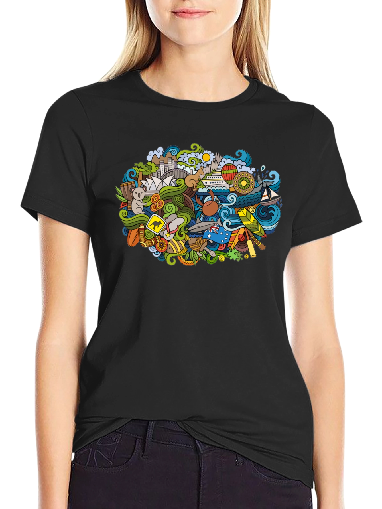 Australia Doodle Art Black T-Shirt