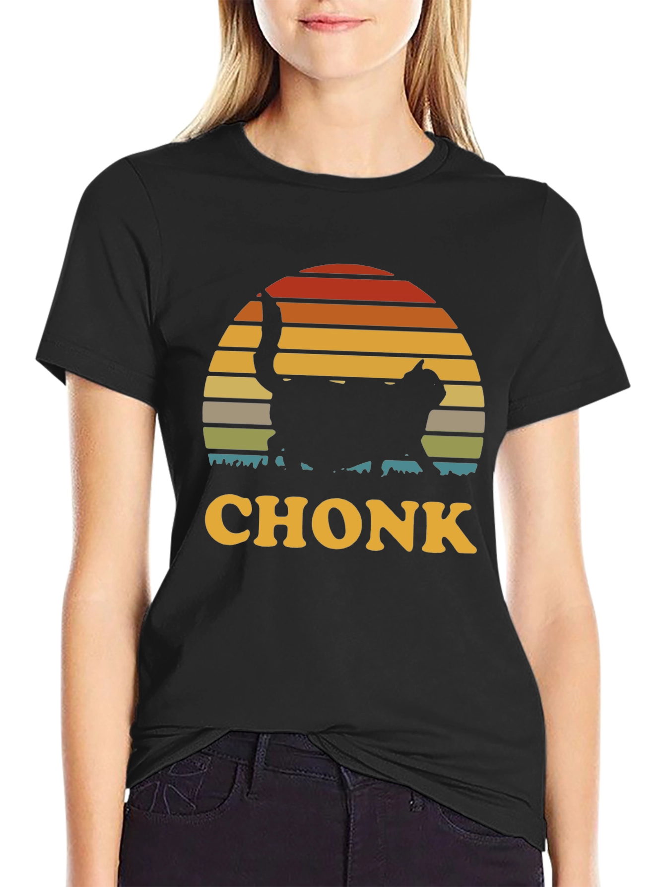 Chonk Cat T-Shirt - Retro Sunset Design