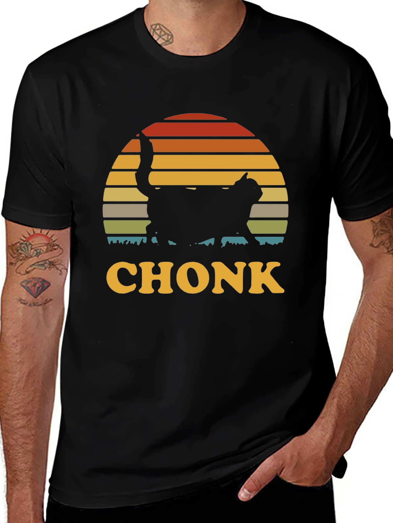 Chonk Cat T-Shirt - Retro Sunset Design