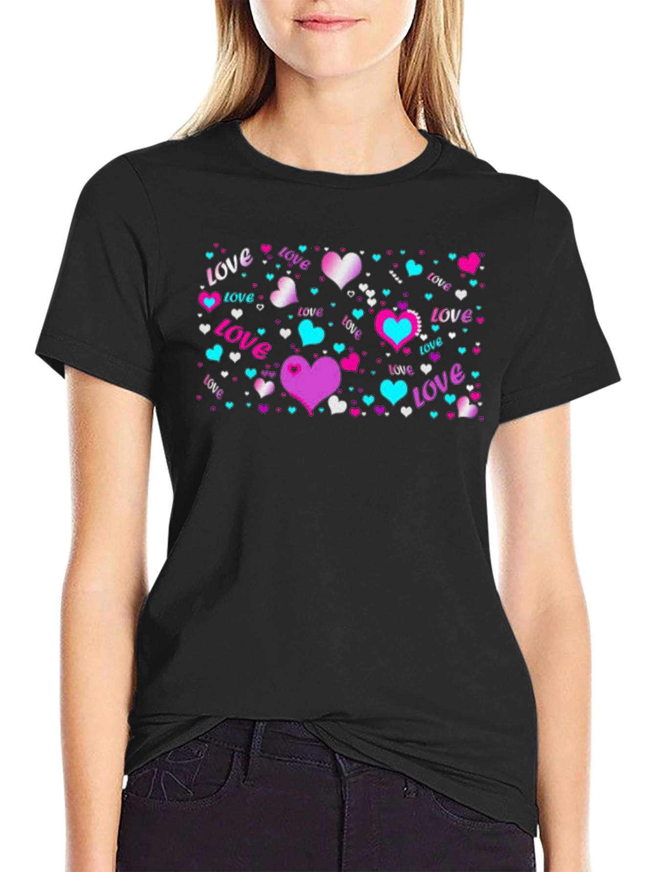 Love Hearts Graphic Black T-Shirt