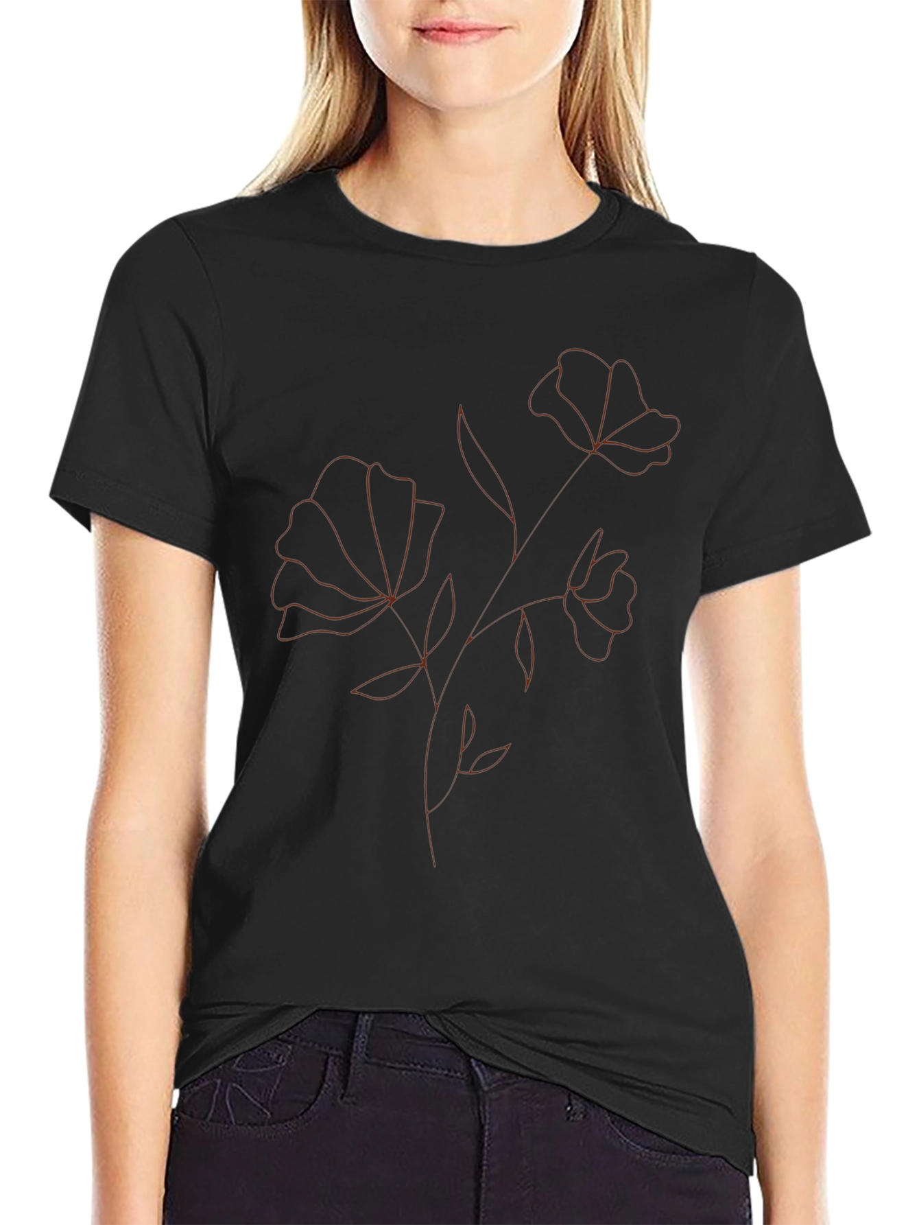 Minimalist Floral Outline Black T-Shirt