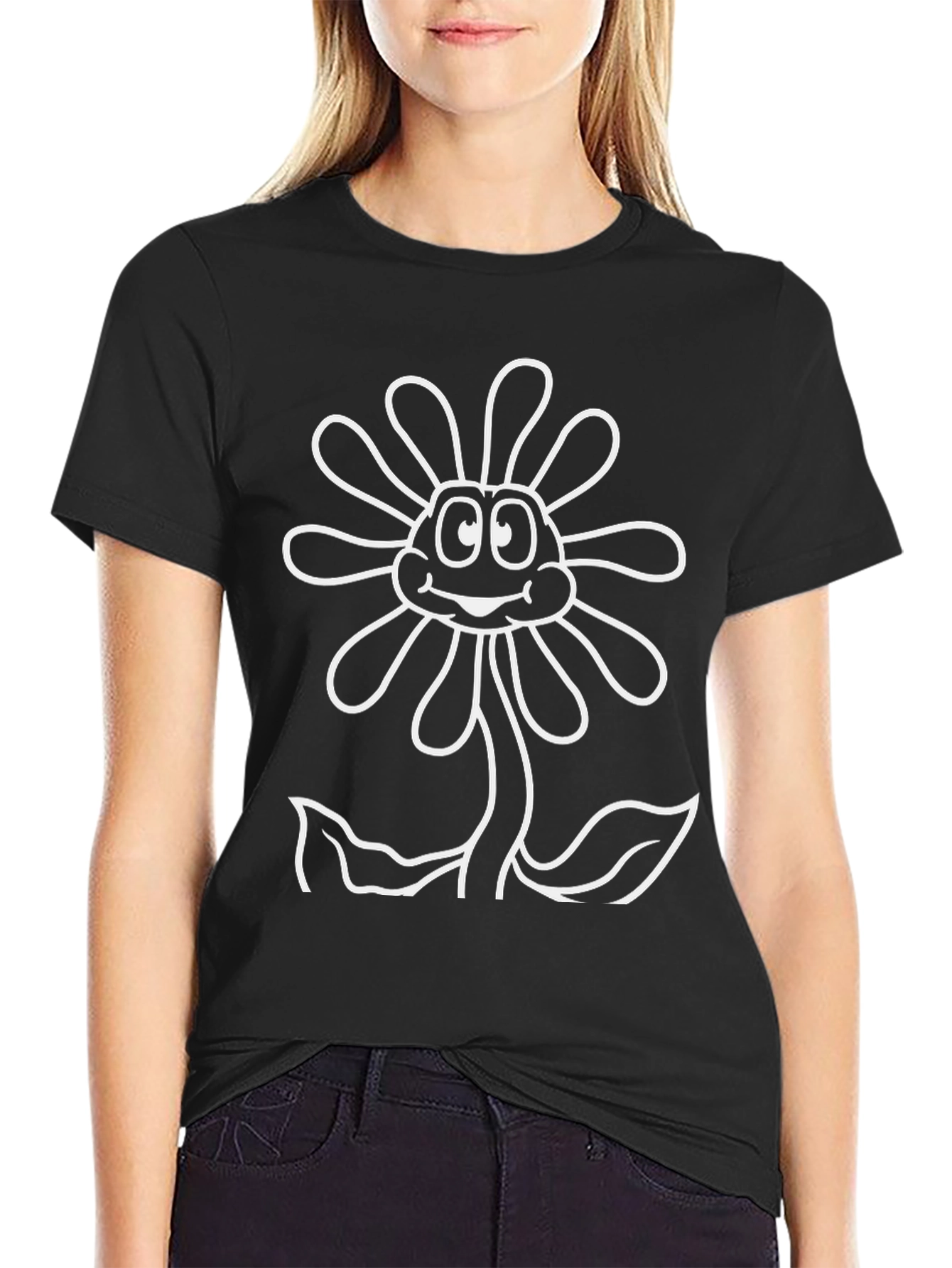 Happy Flower Graphic Tee - Black Casual Shirt