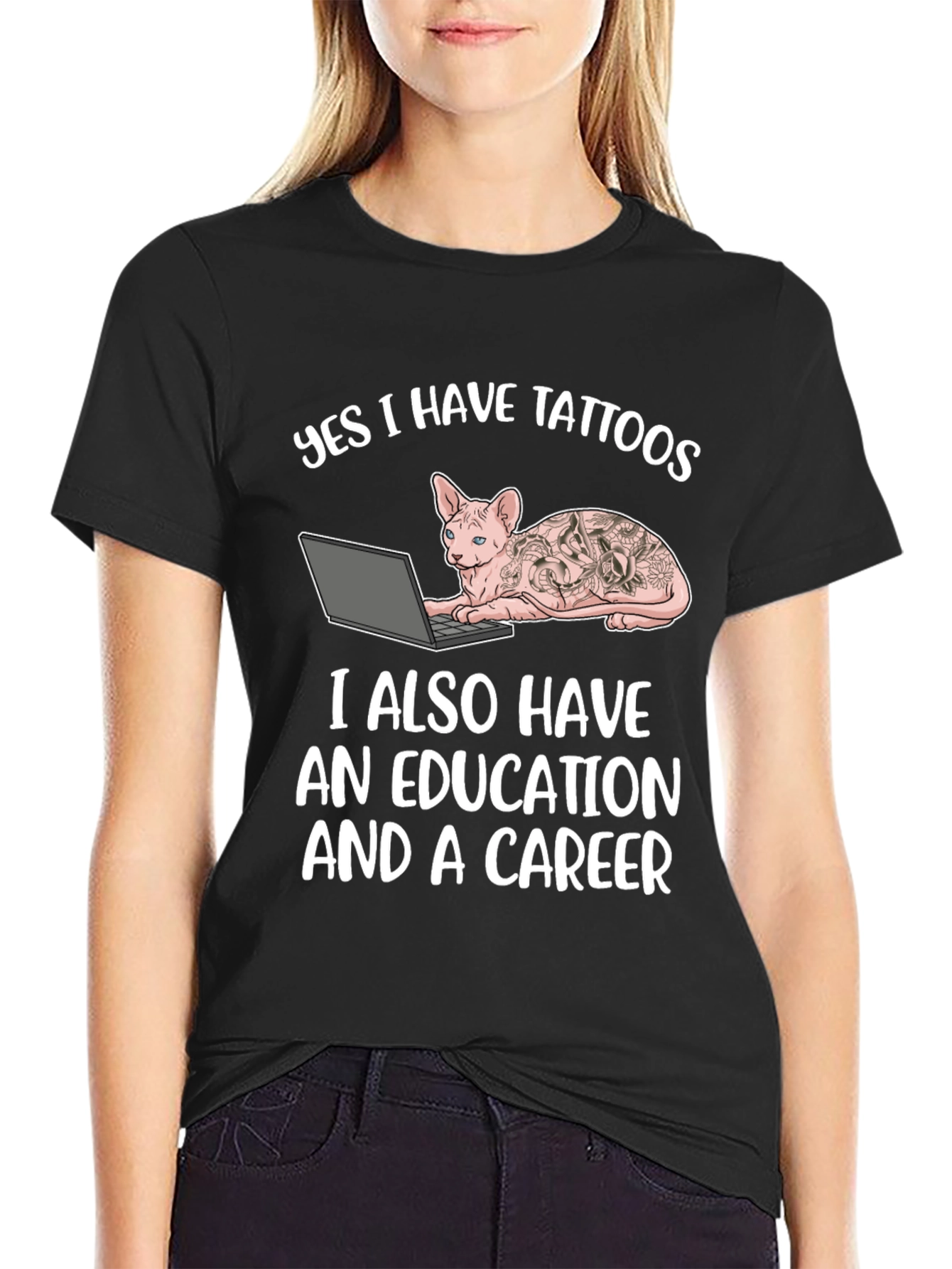 Tattooed Cat Laptop T-Shirt - Sarcastic & Unique!