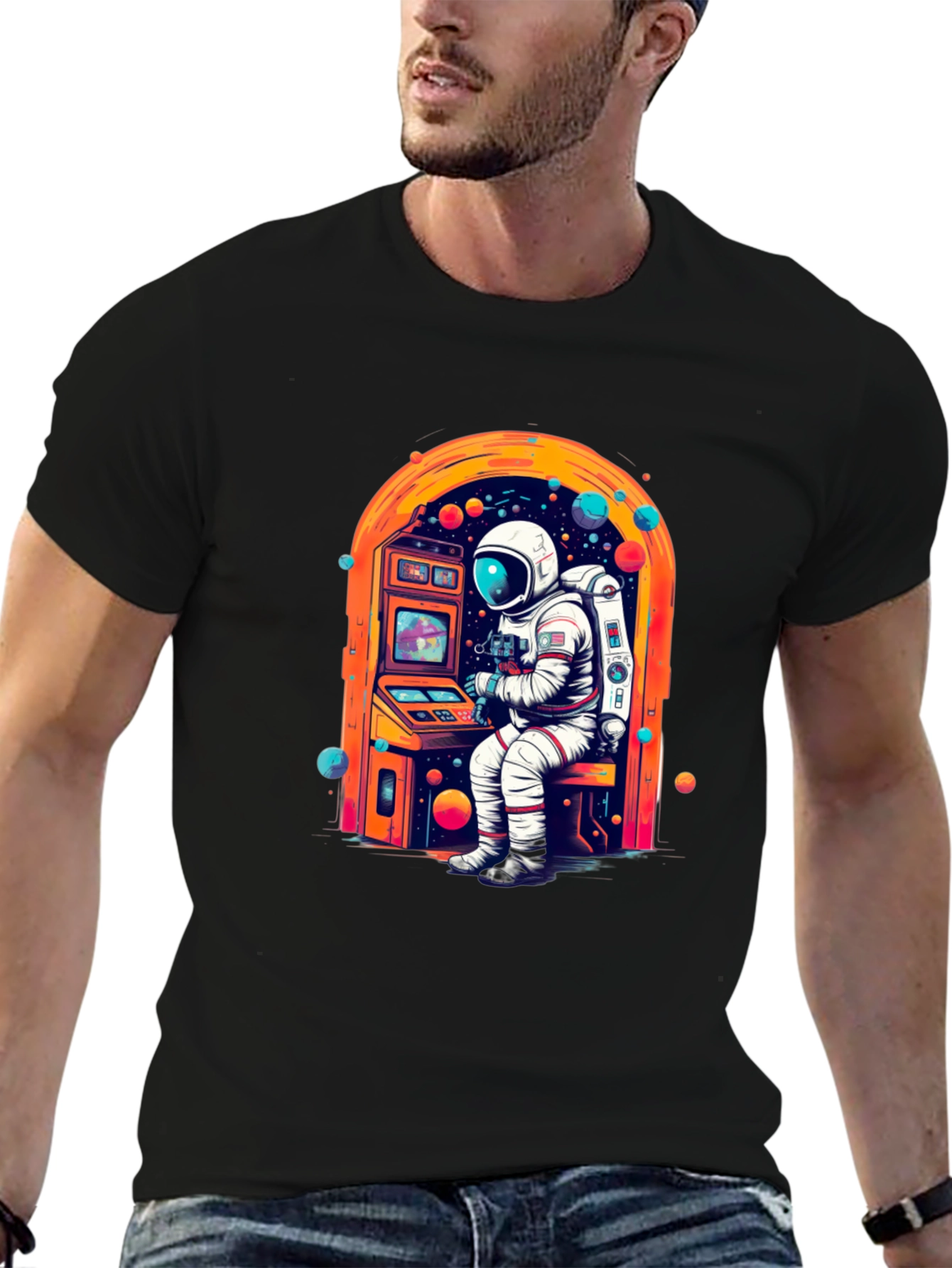Astronaut Gamer Graphic Tee - Black Cotton T-Shirt