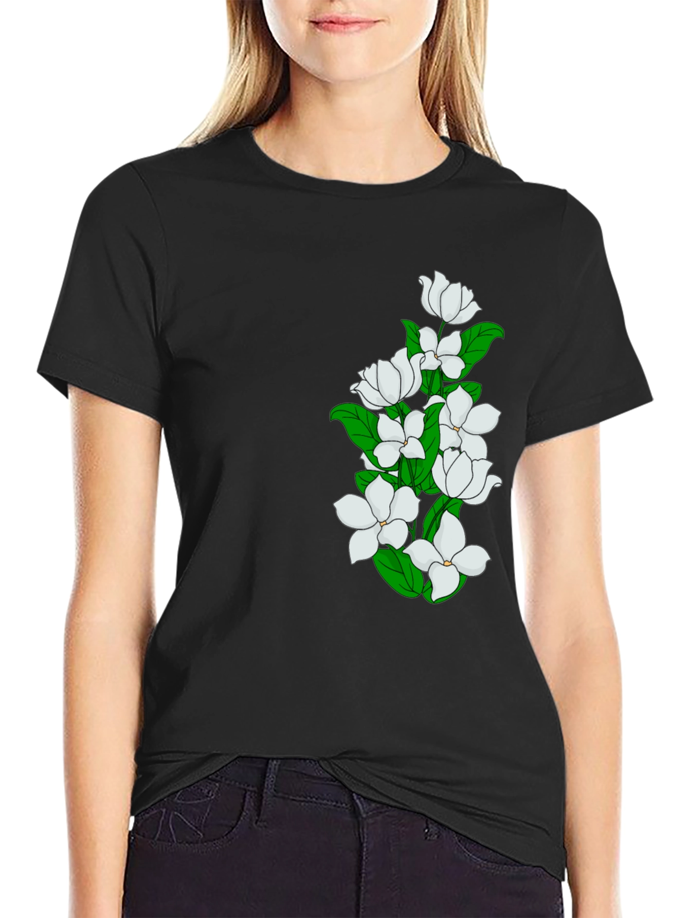 Elegant Black T-Shirt with Floral Design