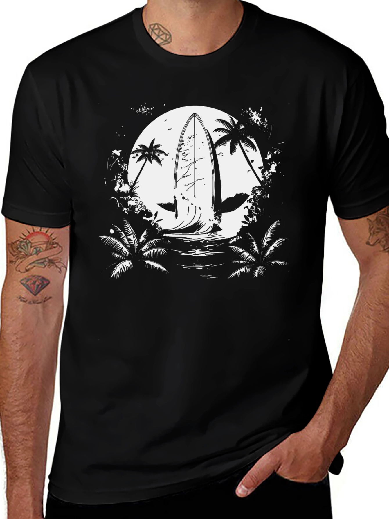 Surfboard Moon Graphic Tee - Black Cotton T-Shirt