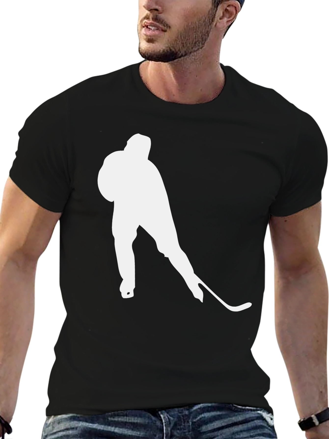 Hockey Player Graphic Tee - Black Cotton T-Shirt