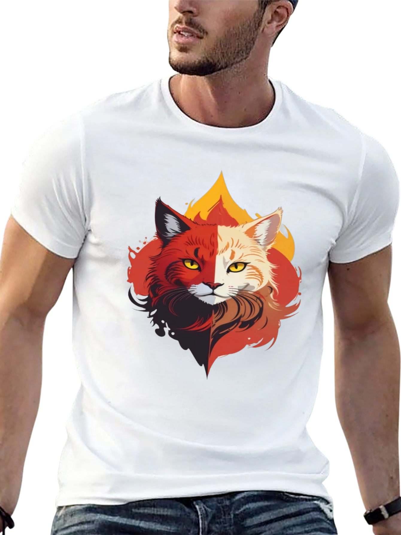 Fiery Feline T-Shirt - Unique Cat Design