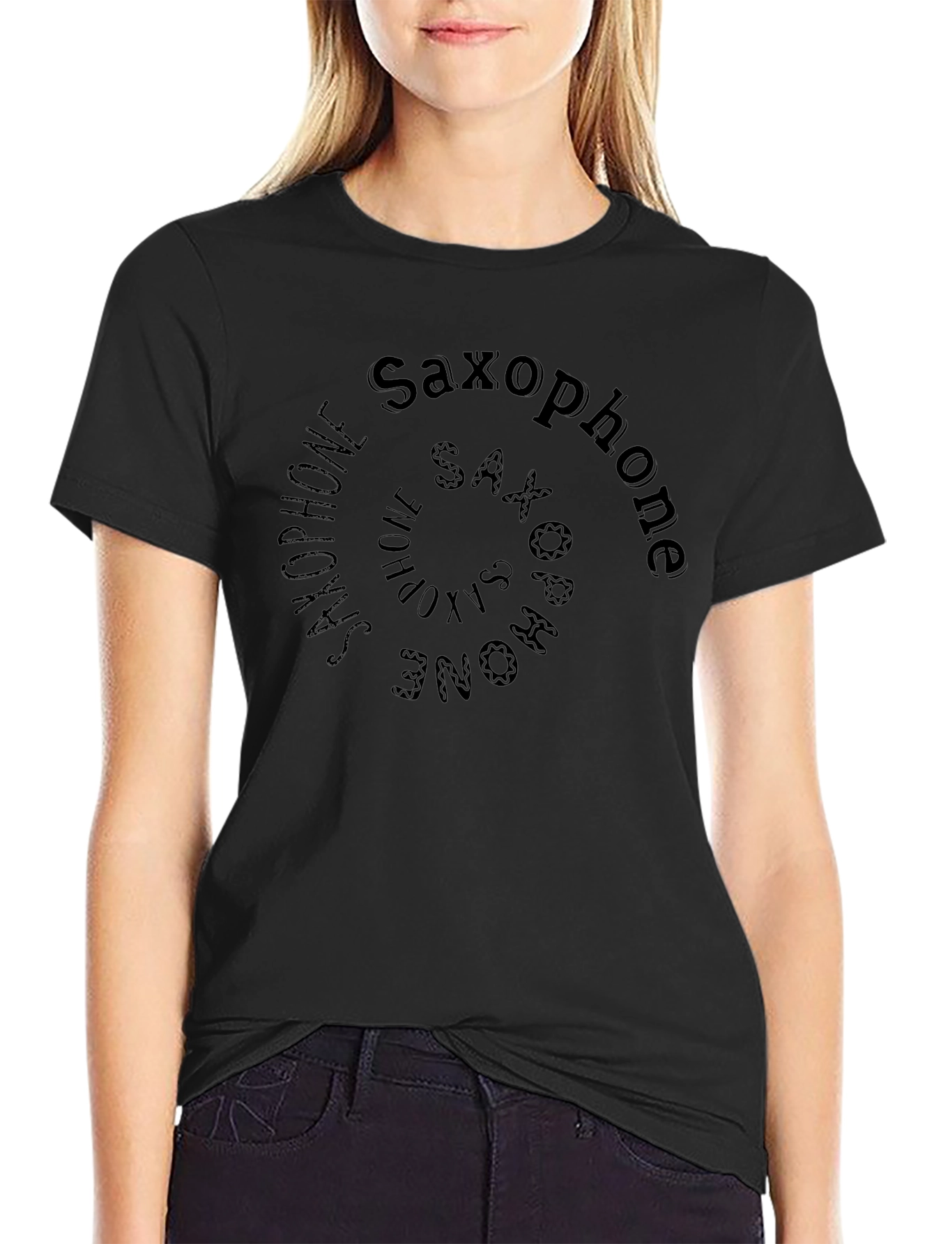 Saxophone Spiral Graphic Print Black T-Shirt
