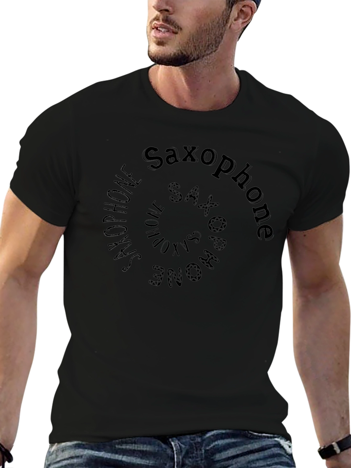 Saxophone Spiral Graphic Print Black T-Shirt