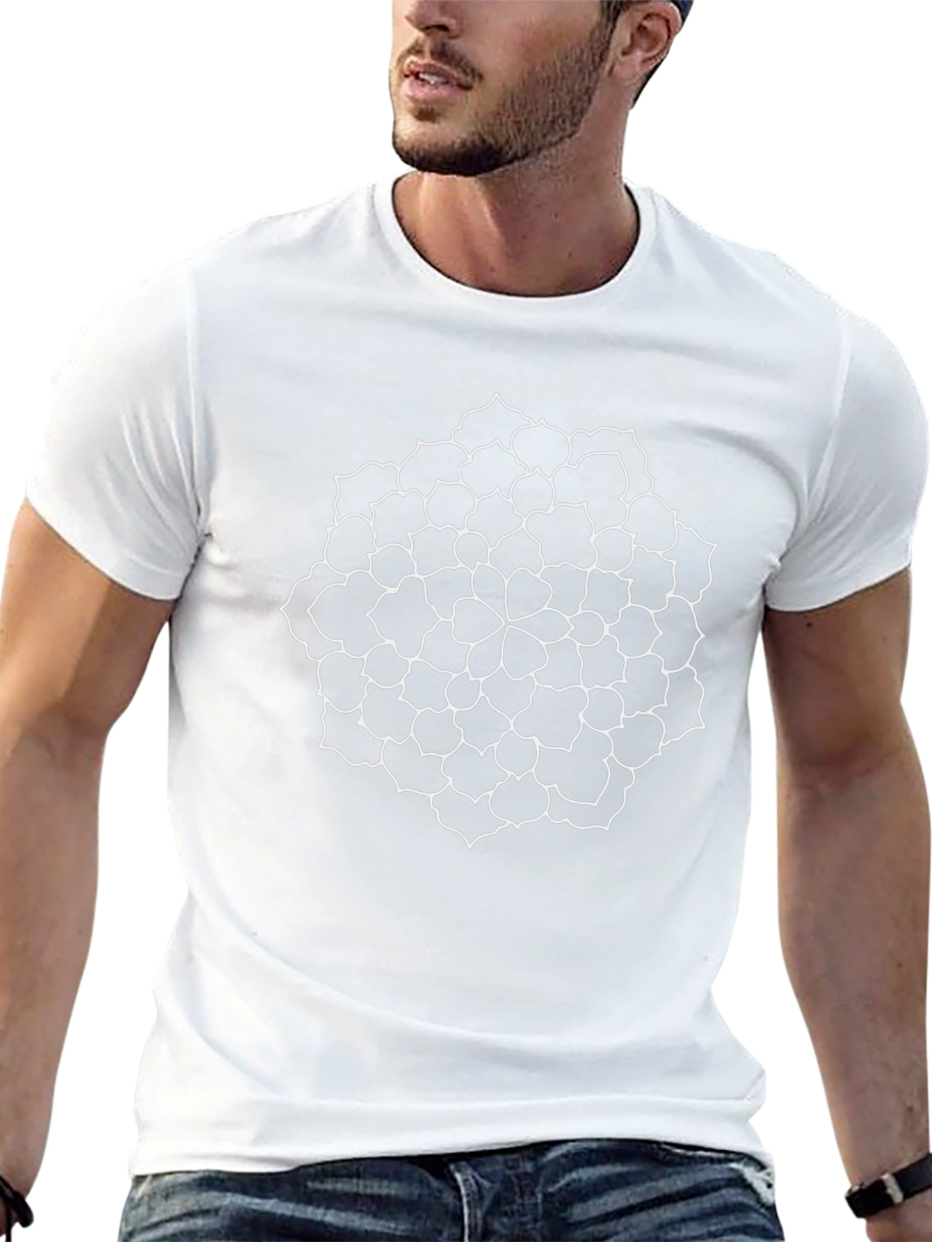 Black T-Shirt with White Floral Mandala Design