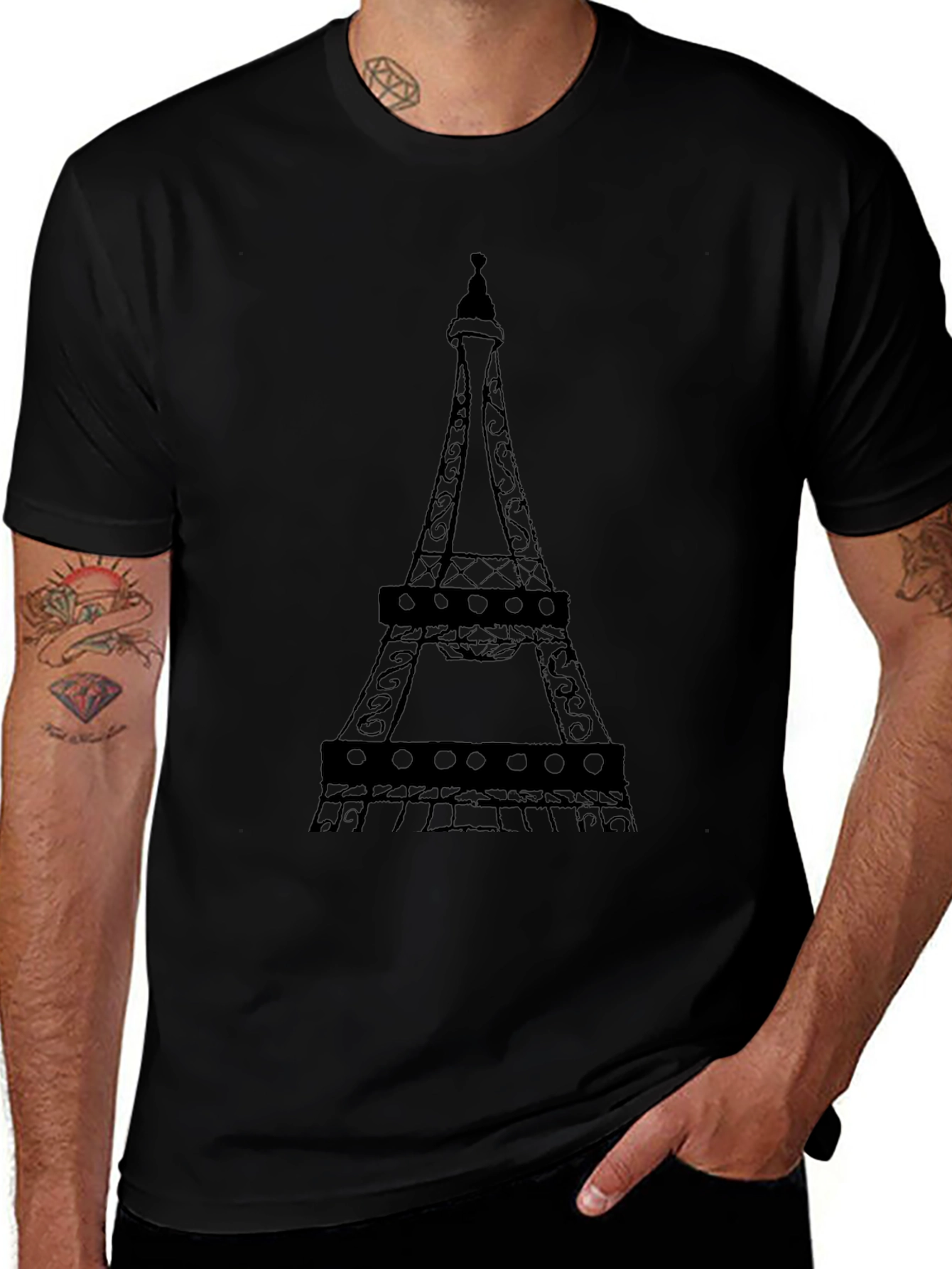 Eiffel Tower Graphic Tee - Black Cotton Casual Top