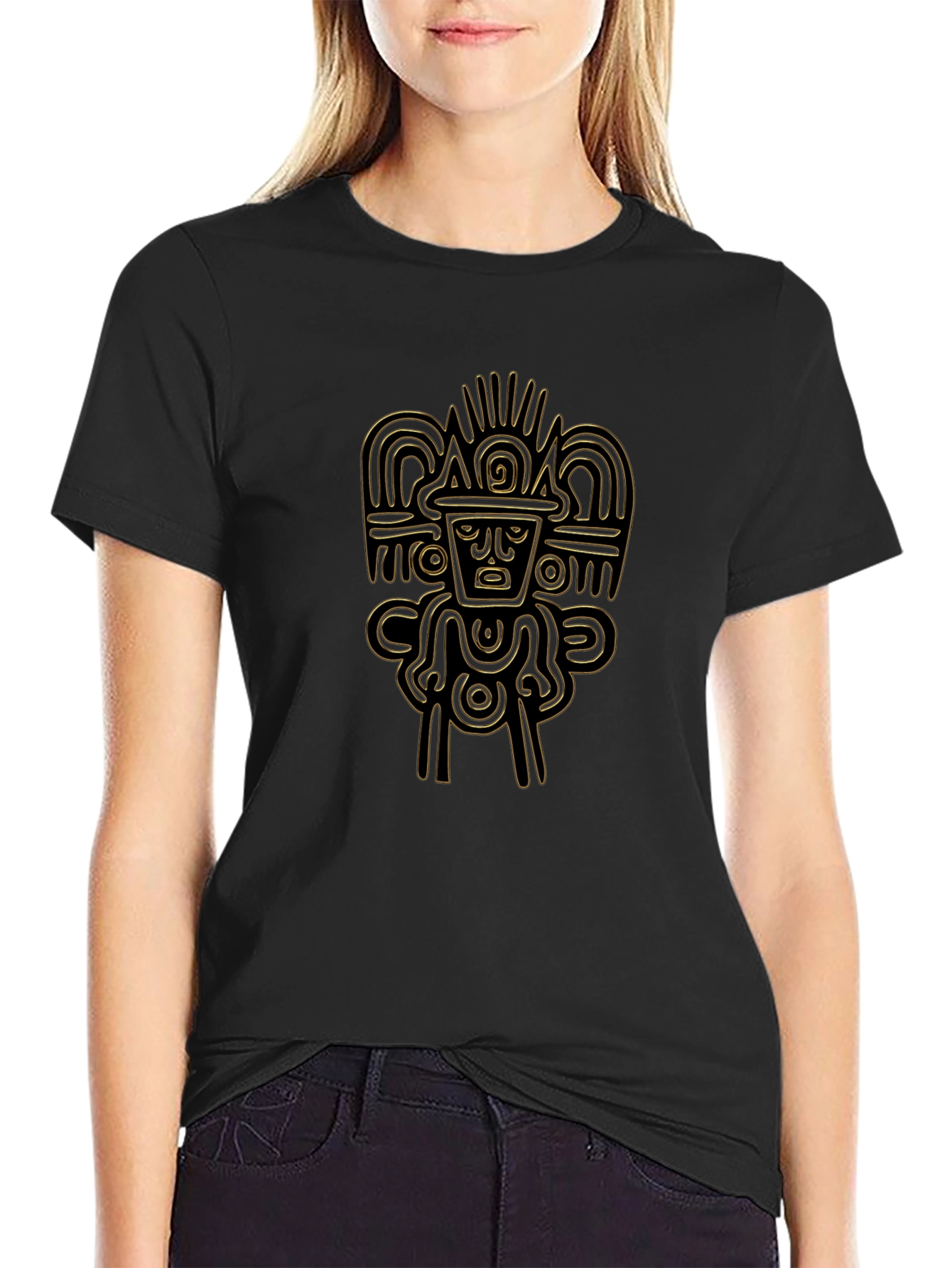 Aztec Gold Print Black T-Shirt