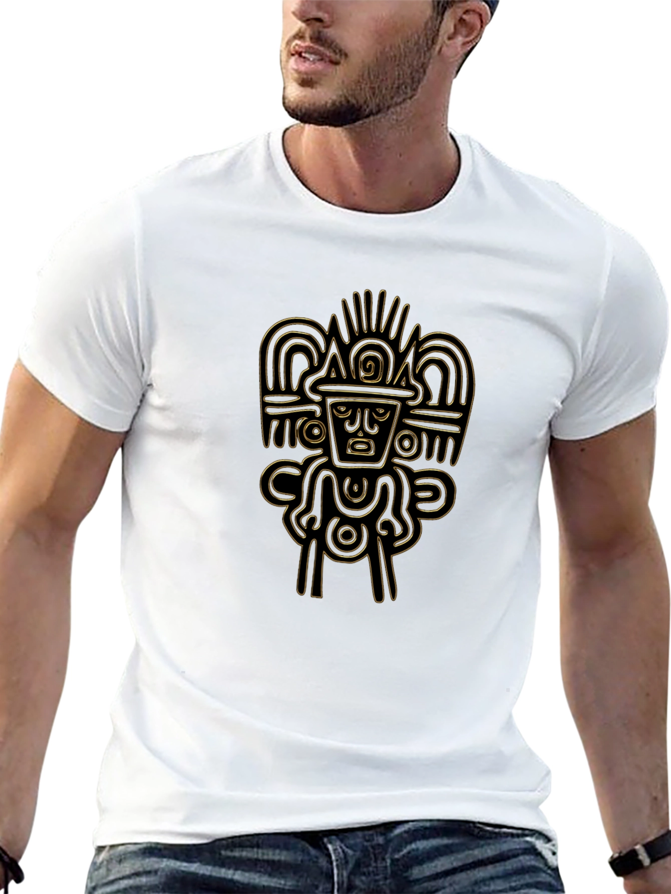 Aztec Gold Print Black T-Shirt