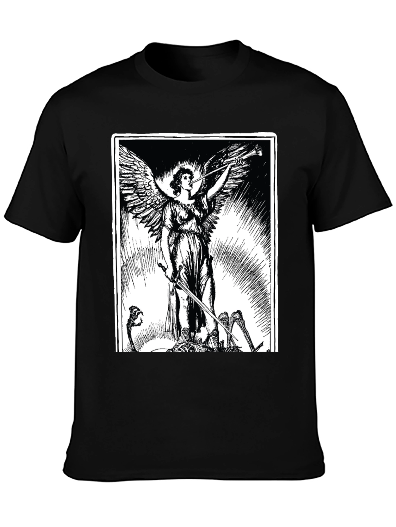 Angel with Sword Graphic Print Black T-Shirt