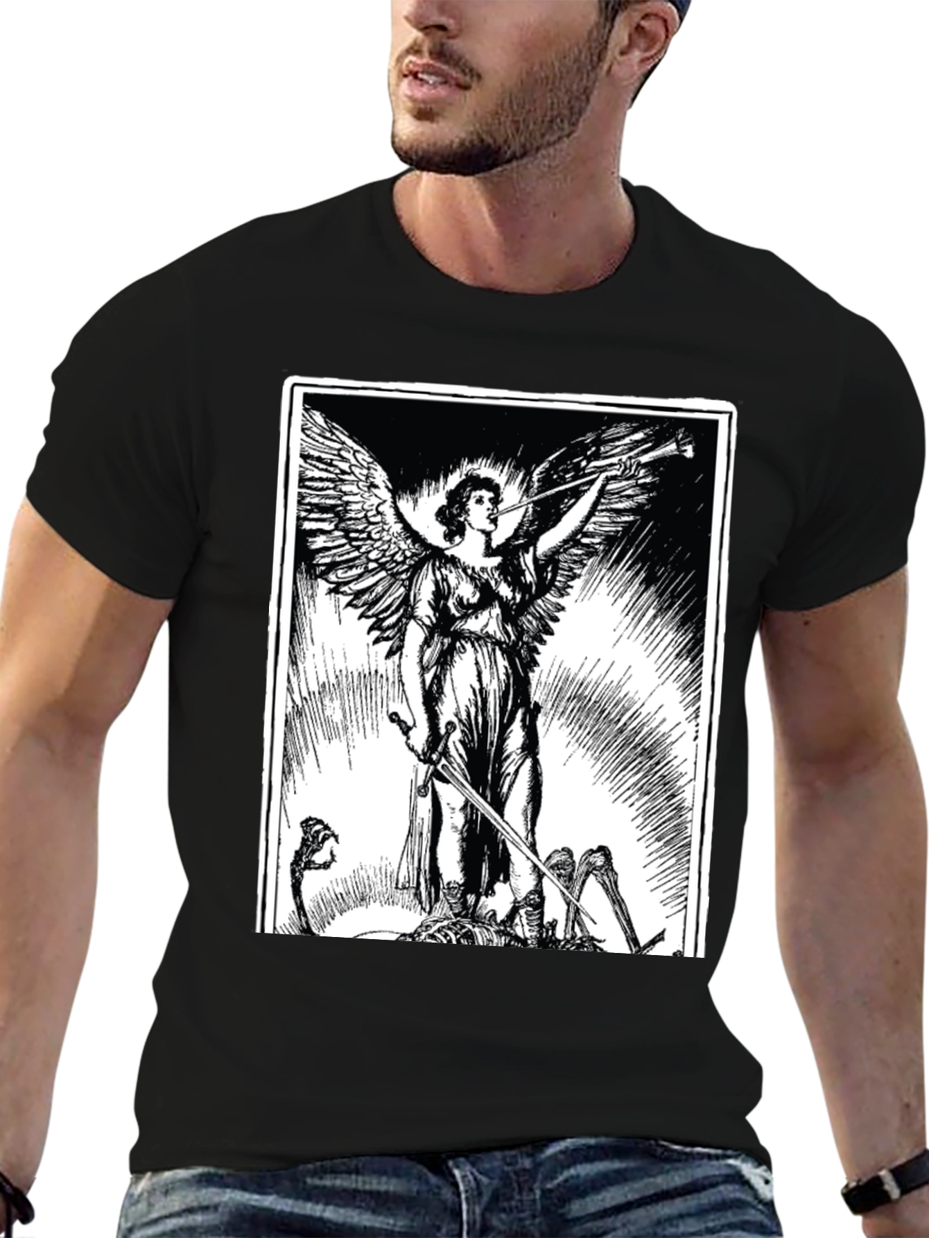Angel with Sword Graphic Print Black T-Shirt