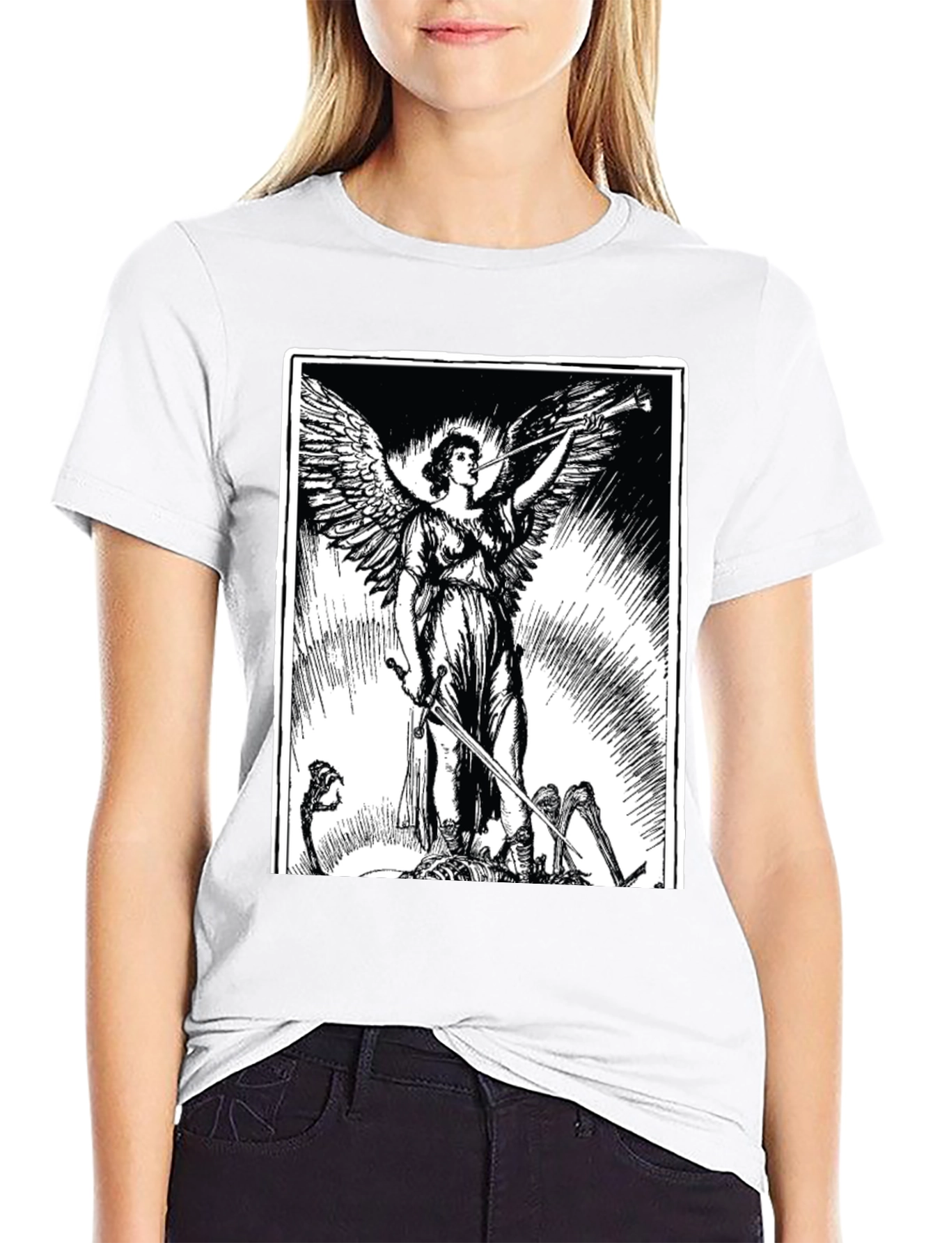 Angel with Sword Graphic Print Black T-Shirt