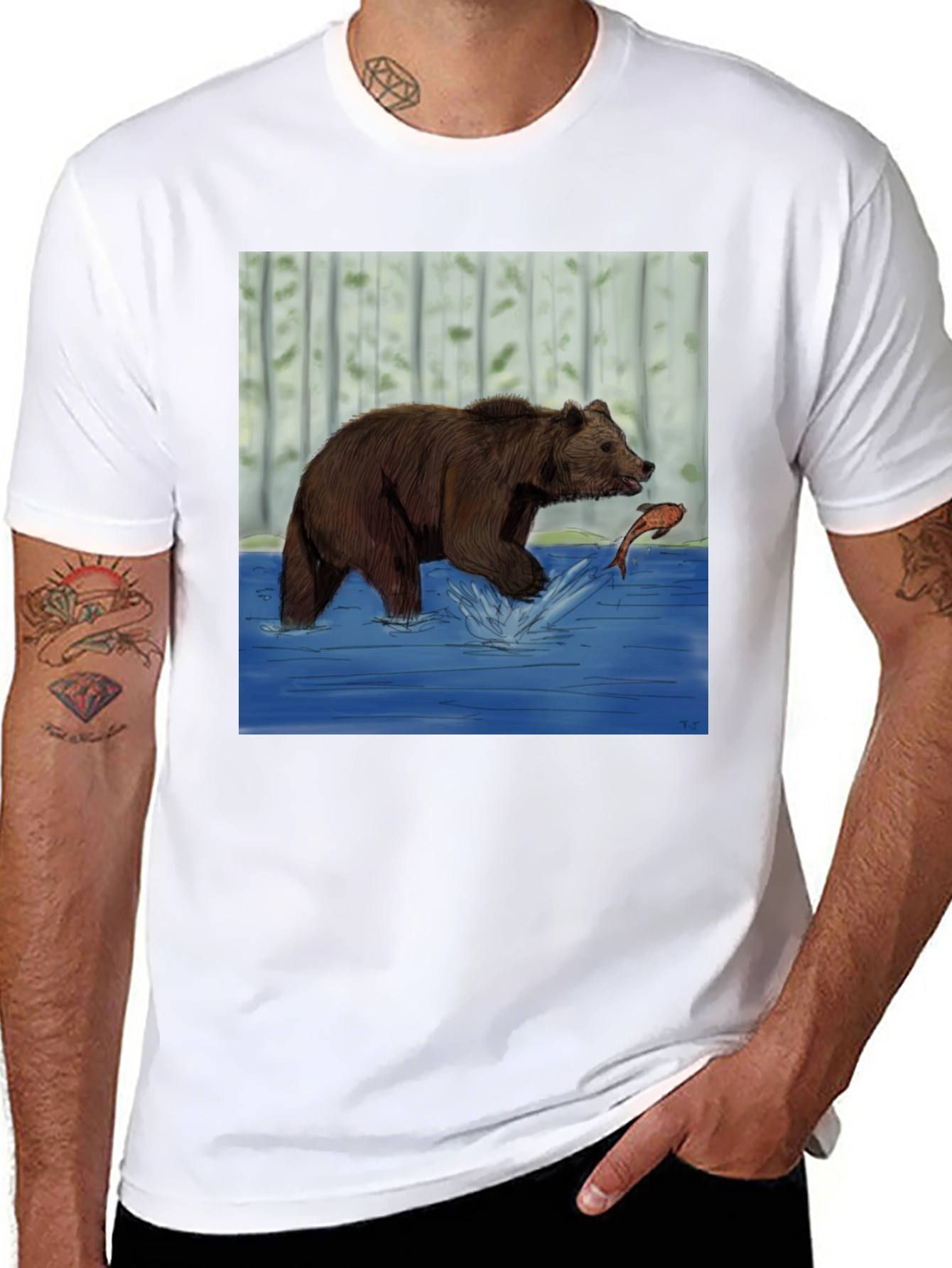 Bear and Fish Graphic Tee - Black Cotton Blend
