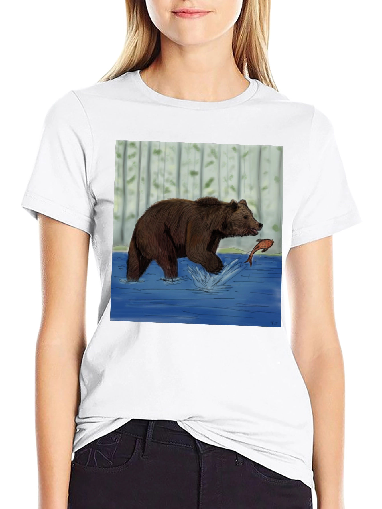 Bear and Fish Graphic Tee - Black Cotton Blend