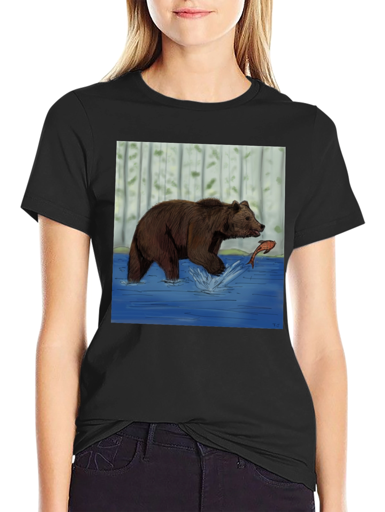 Bear and Fish Graphic Tee - Black Cotton Blend