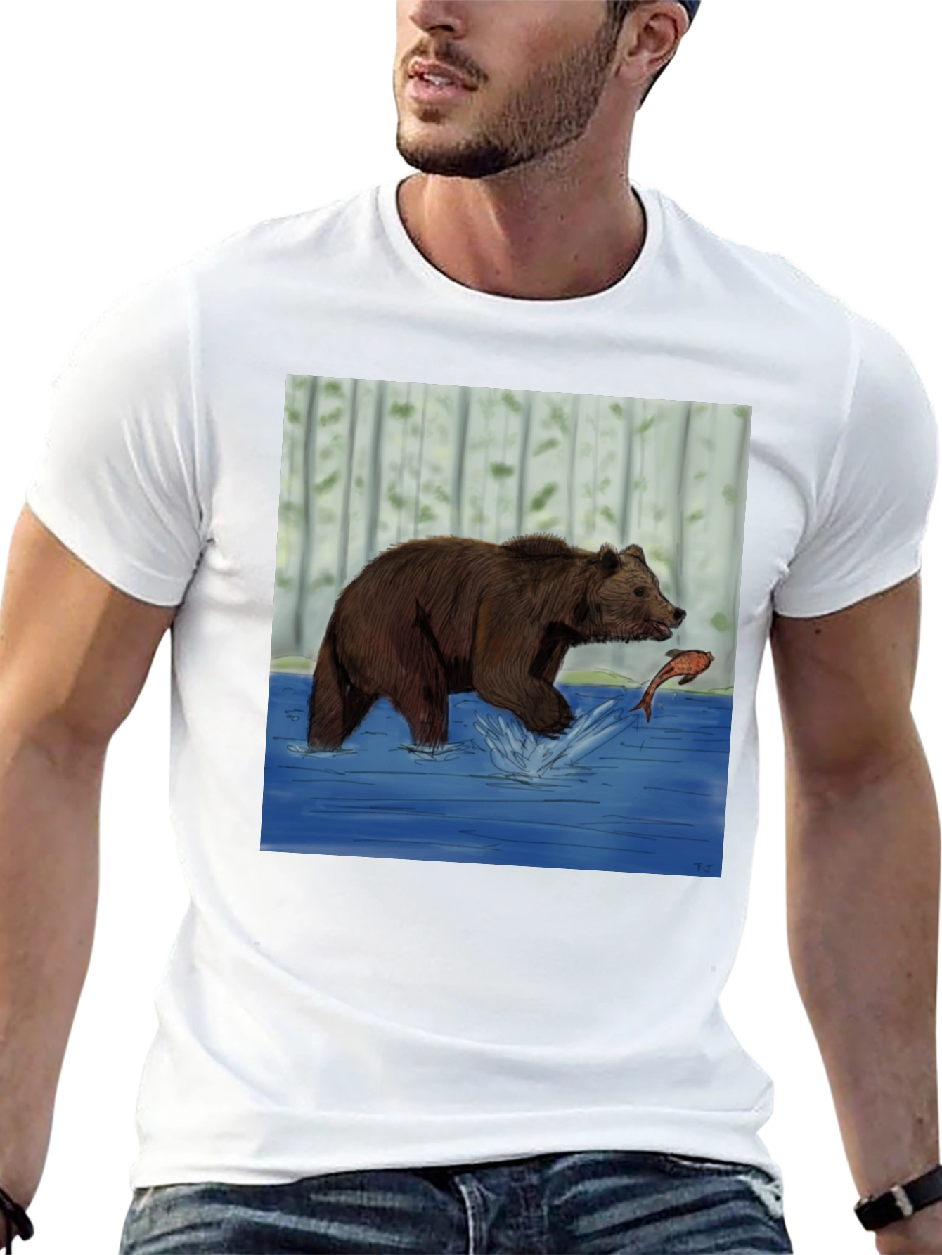 Bear and Fish Graphic Tee - Black Cotton Blend