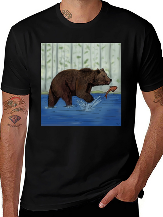 Bear and Fish Graphic Tee - Black Cotton Blend