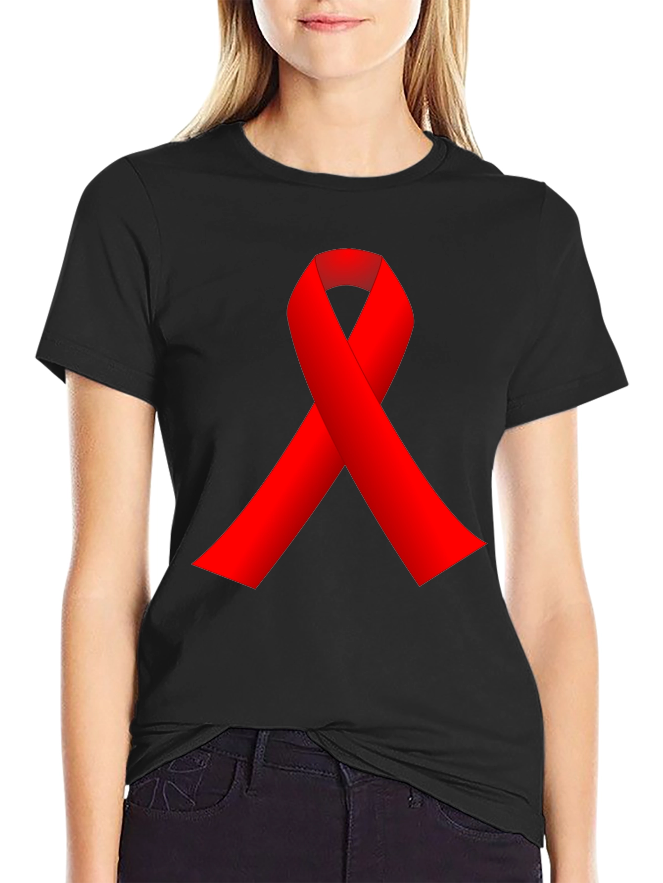 Red Ribbon Black T-Shirt - AIDS Awareness