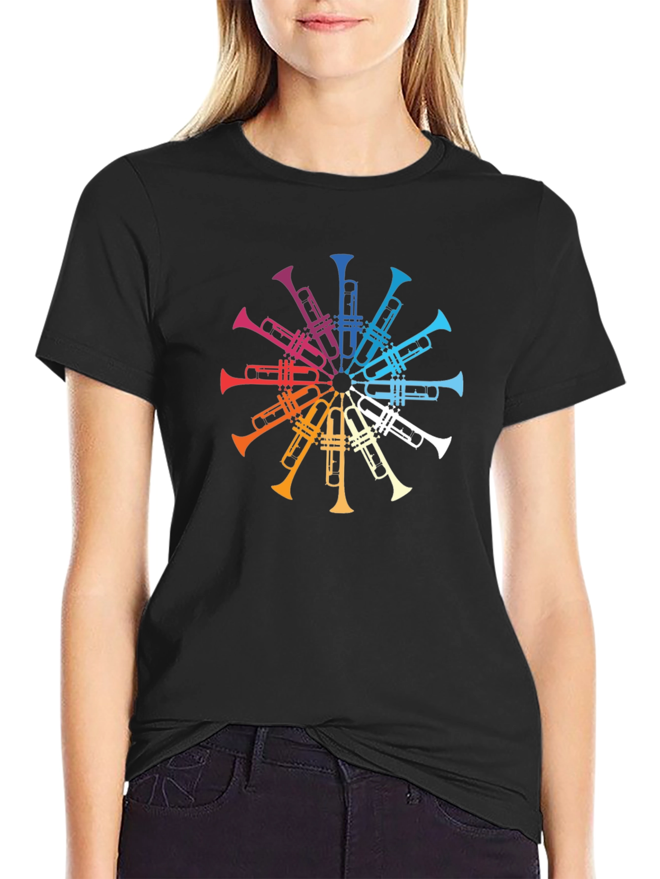 Rainbow Trumpet Circle Graphic Tee - Black T-Shirt