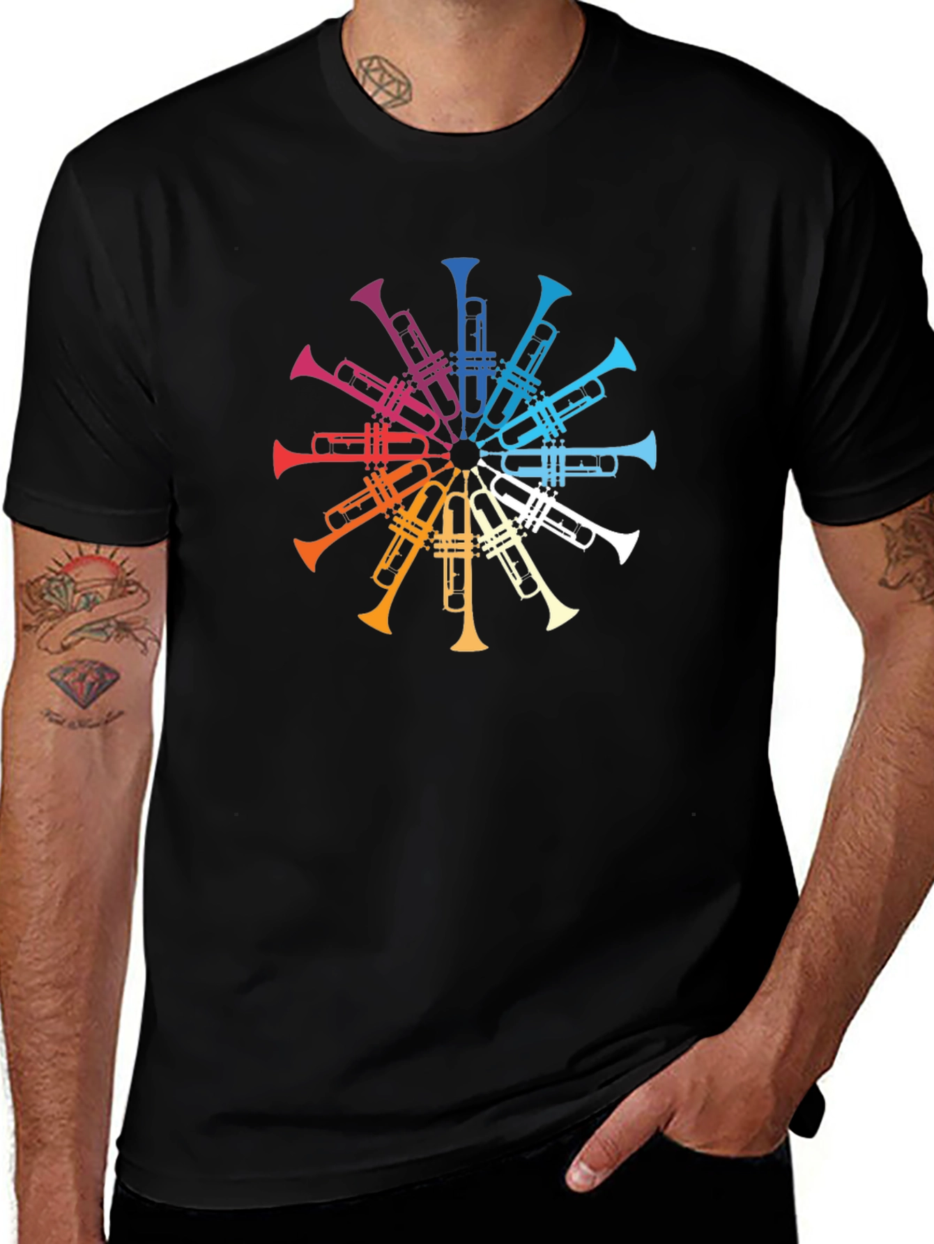 Rainbow Trumpet Circle Graphic Tee - Black T-Shirt