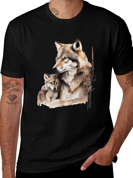 Wolf & Cub Watercolor Graphic Tee - Black Cotton Shirt