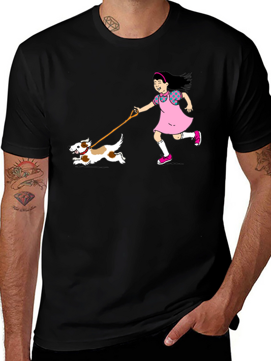 Girl and Dog Black T-Shirt - Fun Cartoon Design