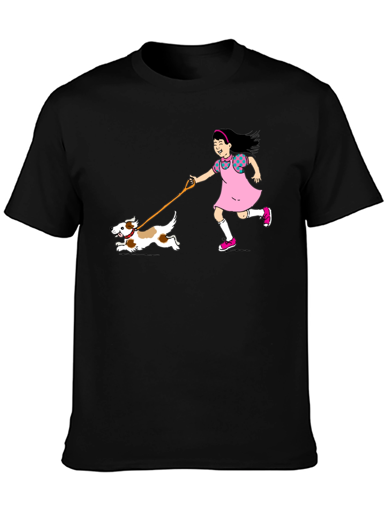 Girl and Dog Black T-Shirt - Fun Cartoon Design