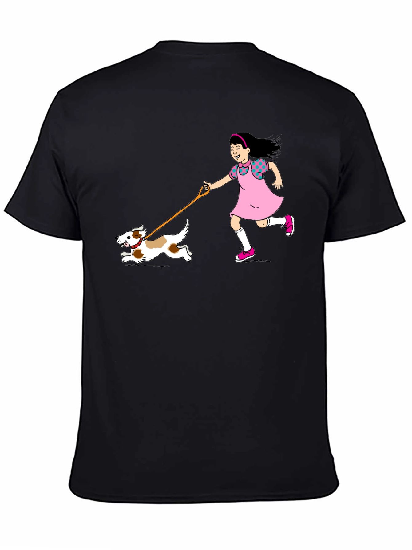 Girl and Dog Black T-Shirt - Fun Cartoon Design
